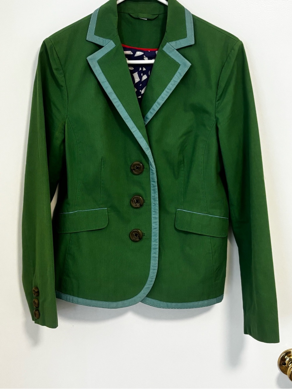 Boden Green Blazer with Light Teal Contrast Trim